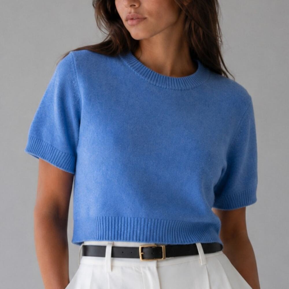Zara 2893/503/400 Wool/Cashmere Sweater Womens L Blue Crewneck Short Sleeve Crop